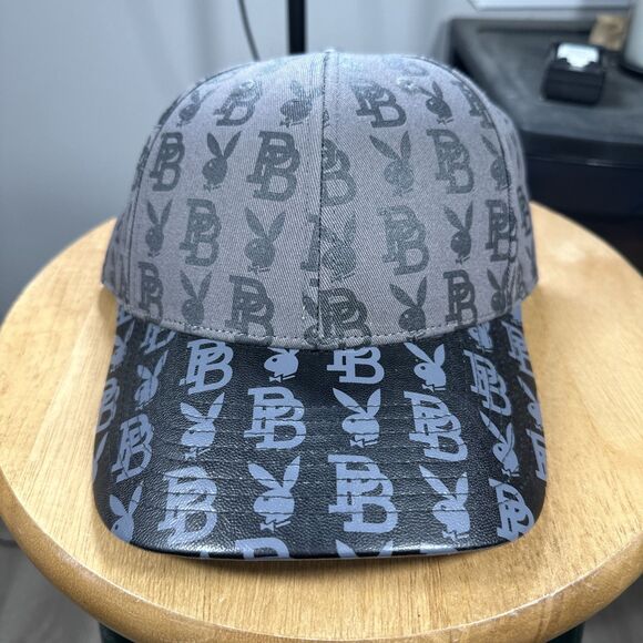 Playboy Premium Print Adjustable Strapback Hat Gray/blk With Leatherette Bill - Picture 1 of 5